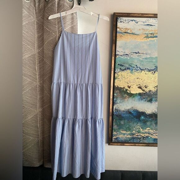 & OTHER STORIES Viscose Square Neck Midaxi Dress Blue Stripes Sz 4 Sleeveless - Picture 2 of 12